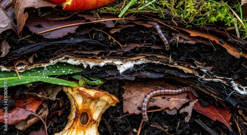 Close up view of decomposing organic matter and forest floor debris with green leaves and soil texture