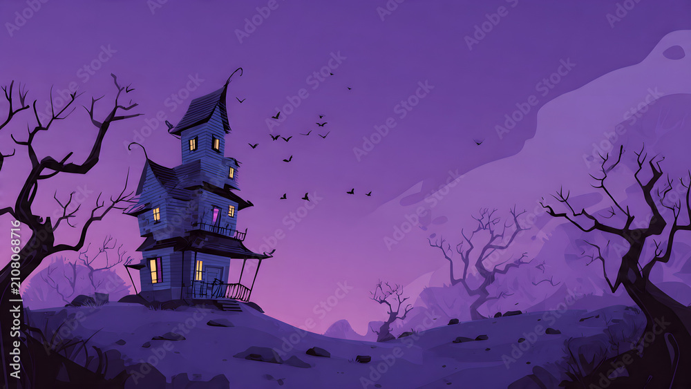 Fototapeta premium Enchanting, eerie haunted house illustration set against a twilight sky with silhouettes of spooky trees and flying bats