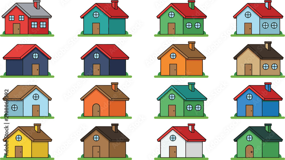 Fototapeta premium Colorful House Icon Set with Cartoon Home Building Design for Real Estate and Property Vector Illustration Collection