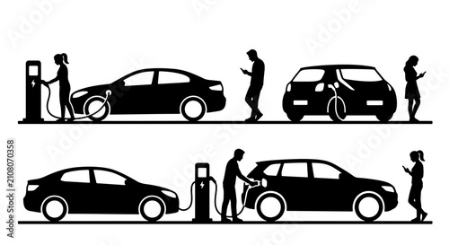 Obraz na płótnie Electric Car Charging Stations, People Waiting with Smartphones, Modern Transpor