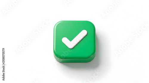 3D green glossy checkmark button icon isolated on white background for success and approved concept