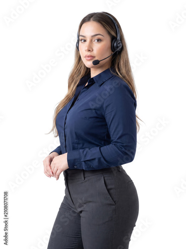 Confident young professional woman wearing a headset, embodying a customer service agent ready for support and effective communication, looking forward. Isolated on a Transparent Background PNG