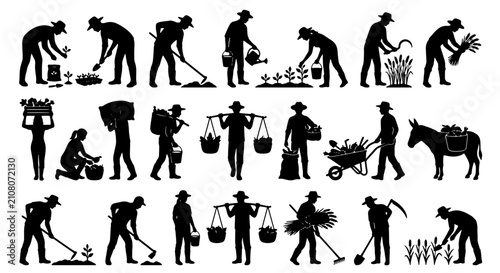 Tableau sur toile Traditional farming silhouettes set, agricultural workers and farmers harvesting