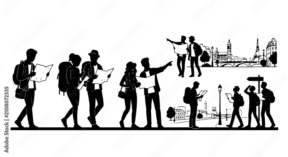 Obraz premium Diverse Group of Travelers Navigating with Maps, Cityscape Silhouettes, Adventure & Exploration Vector Pack