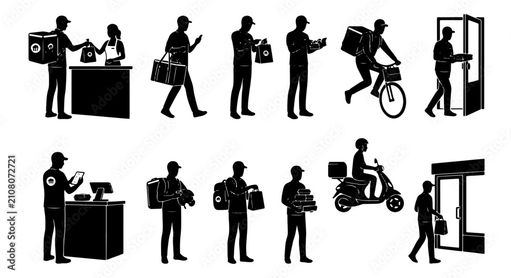Obraz premium Delivery Service Vector Icons: Courier Actions, Food Delivery, Package Transport, E-commerce Logistics, Mobile Ordering, Doorstep Service, Bicycle and Scooter Couriers, Retail Pickup