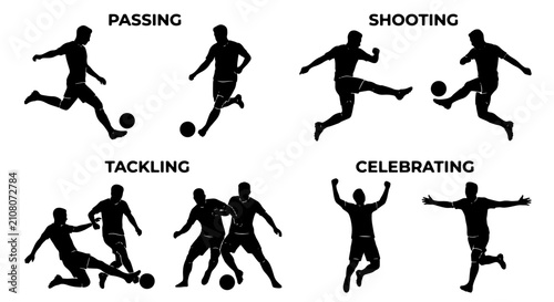 Fotografía Soccer Action Silhouettes: Passing, Shooting, Tackling, Celebrating Vector Set |