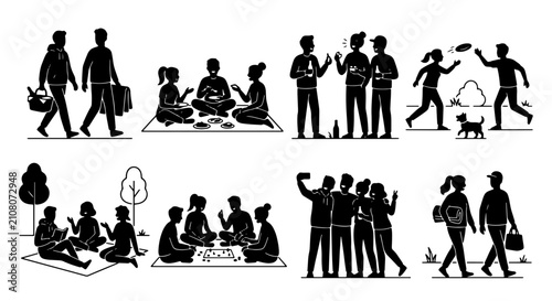 Diverse Group Silhouettes, Outdoor Activities, Casual Gatherings, People Enjoying Leisure Time, Vector Icon Set