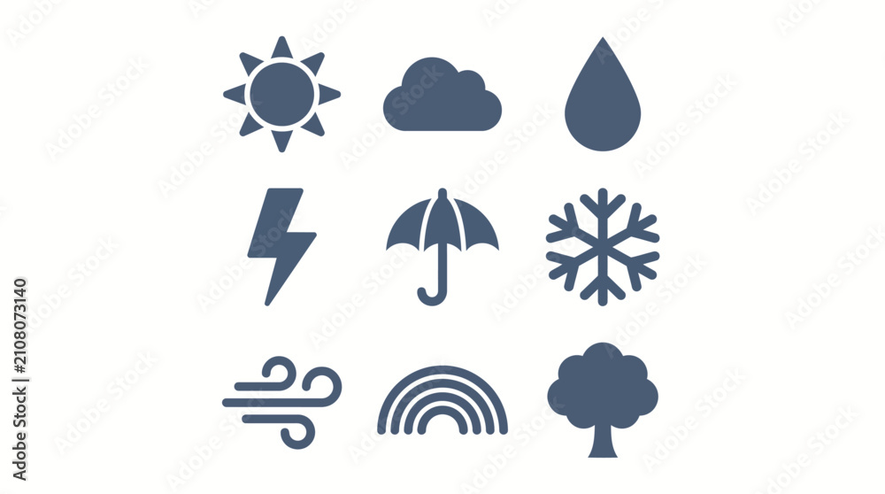 Obraz premium Flat weather icon set with sun, cloud, rain, lightning, umbrella, snowflake and wind vector