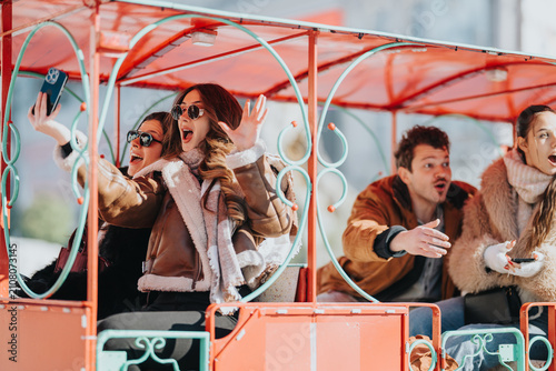 Φωτογραφία A group of friends laugh and take a selfie while riding a colorful open-air tram
