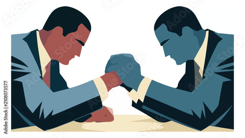 two men engaging in arm wrestling competition in formal suits with intense focus and power depiction in a professional setting