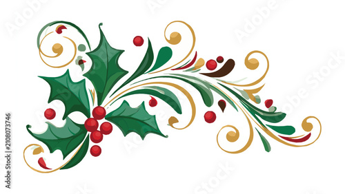 Elegant holiday holly branch with red berries and golden swirls on white background for Christmas festive decoration