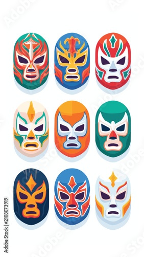 Colorful traditional Mexican lucha libre masks set with vibrant shapes and patterns perfect for cultural themed design and artistic projects