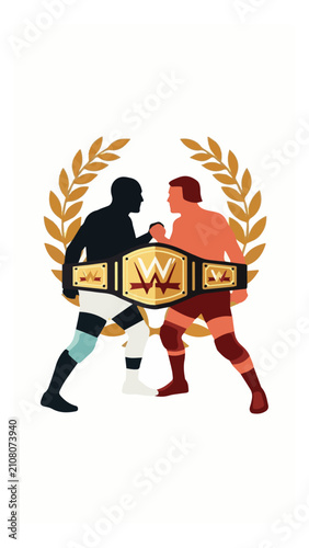 two wrestlers competing for championship belt in dynamic match with vibrant colors and athletic poses on wrestling mat