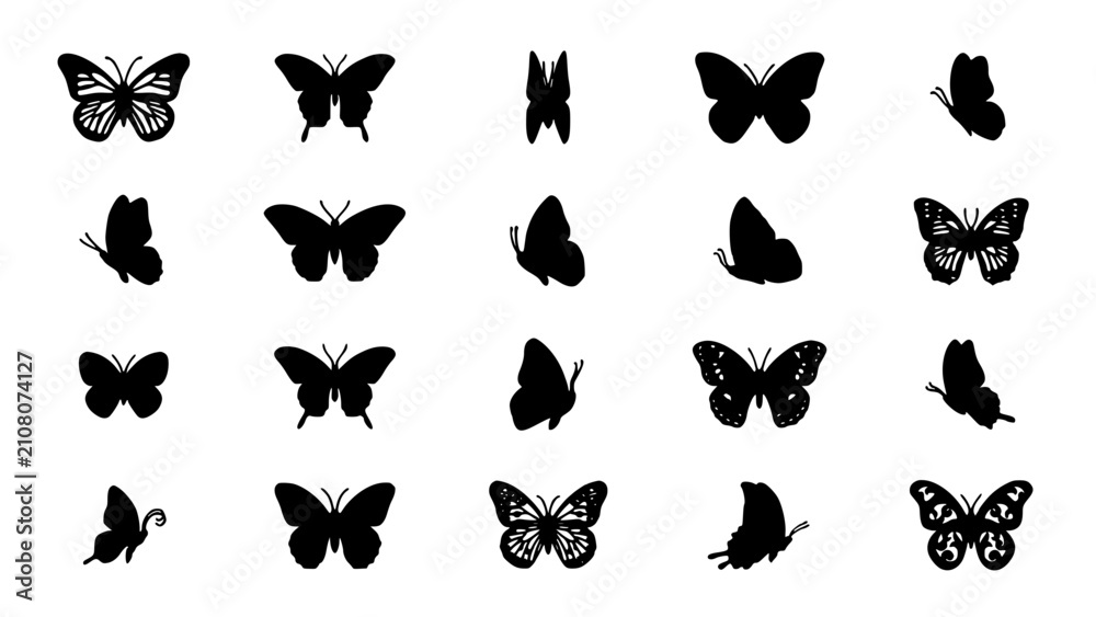 Obraz premium Butterflies in Various Silhouettes and Designs, Black and White Vector Illustrations Featuring Butterfly, Silhouette