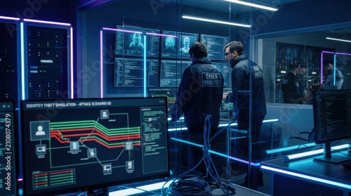 Futuristic Data Center Scene With Neon Blue Screens And Analysts.