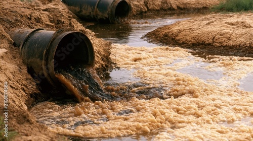 Industrial pipe discharging dark liquid into muddy stream causing water pollution