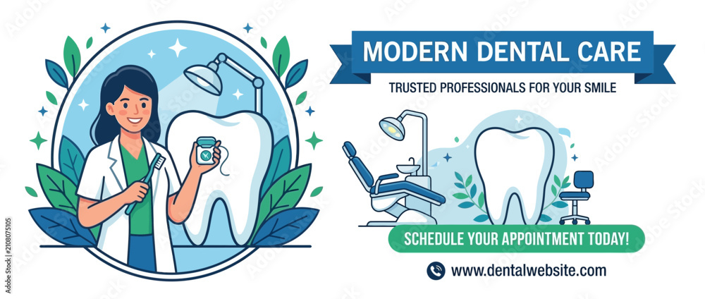Fototapeta premium Modern dental care illustration with dentist and tooth
