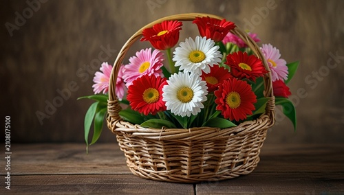 Colorful spring cut flowers in a basket