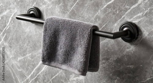 Gray towel hanging on a dark metal towel rack mounted on a marbled wall