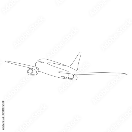 continuous line drawing of a passenger airliner taking off.
