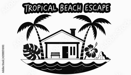 Cuadro en lienzo Very beautiful black and white realistic vector illustration of a TROPICAL BEACH