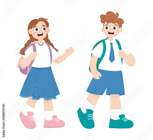 School Children Walking to School Flat Illustration