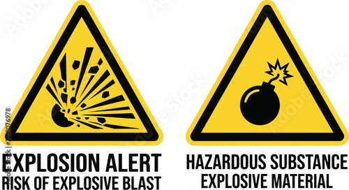 Foto Explosion hazard warning signs with bomb icon and explosive blast alert symbols