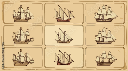 Foto Vector Icon Sheet of Various Types of Sailing Vessels, Including Galleons and Ca