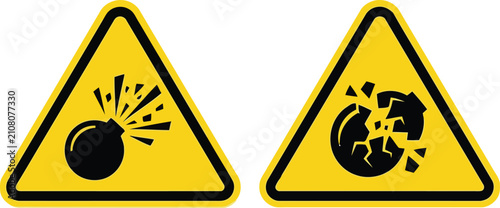 Canvastavla Yellow triangle hazard signs with black exploding bomb and crushing icons