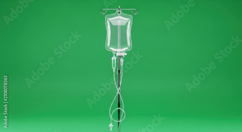 Medical Infusion Bag and Drip Stand on a Vibrant Green Backdrop Representing Healthcare Support Fluid Therapy and Saline Delivery for Patient Care and Wellness Treatment Concepts