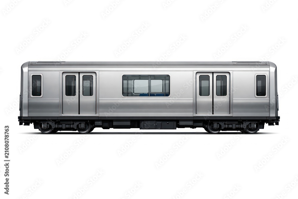 Obraz premium Silver subway train car isolated on white background, side view