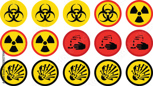 Foto Set of round hazard warning signs including biohazard radioactive and explosion
