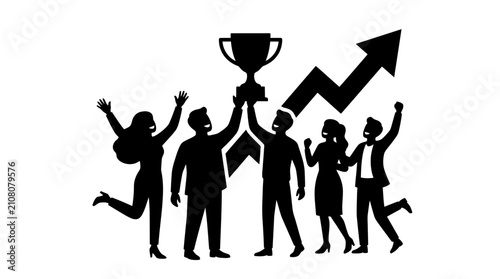 Bild auf Leinwand Business team celebrates their collective success by holding a golden trophy high as an upward arrow signifies strong financial growth