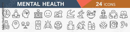 Mental health icons vector line art outline style set of 24 psychological wellness symbols including brain yoga therapy online consultation stress relief sleep and self care concept collection