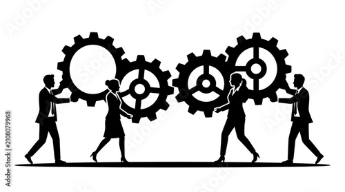 Business professionals silhouette team aligns large industrial gears to create a functional system, symbolizing the importance of synergy and coordination in achieving operational efficiency.