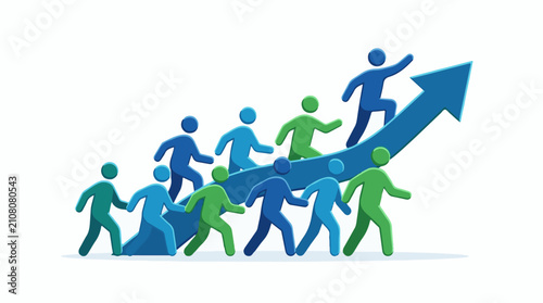 Stylized figures climb a rising blue arrow symbolizing progress