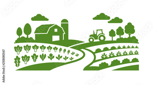 Farm landscape featuring a barn and tractor amidst cultivated fields illustrates the essence of modern agriculture and sustainable farming practices in a rural countryside setting.