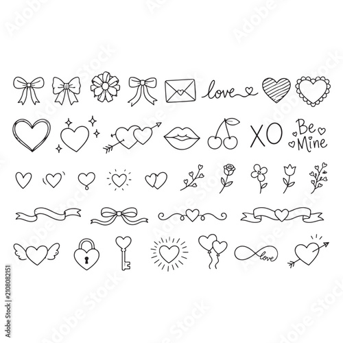 Cute Hand Drawn Valentine's Day & Wedding Coquette Element Set with Whimsical Bows, Ribbons and Hearts – Vintage Line Art Vector
