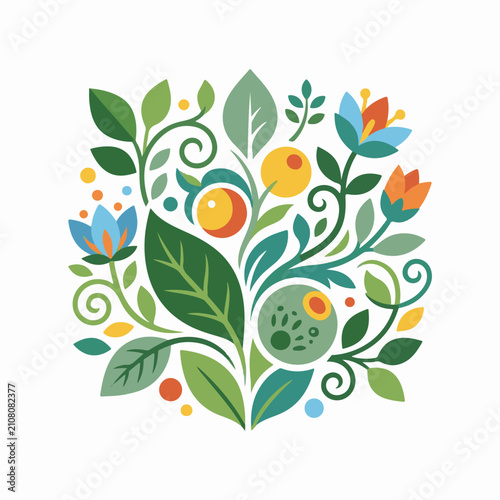 Stylized foliage and fruit design with vibrant colors