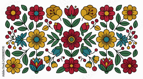 Stylized folk art floral pattern with bold colors and simple shapes