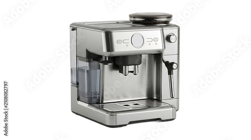 A silver espresso coffee machine with a milk frother and water tank, isolated on a white background, for kitchen appliance