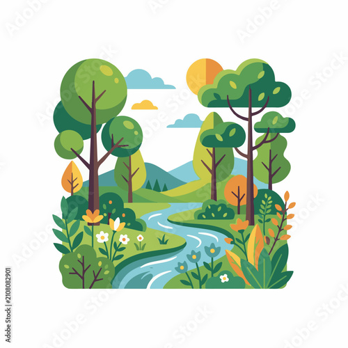 Stylized forest scene with a winding river and sun