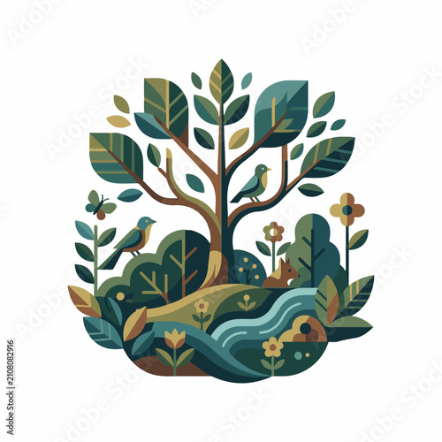 Stylized forest scene with animals birds and flowing water