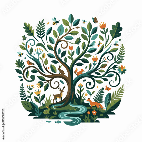 Stylized forest scene with animals flora and a winding stream
