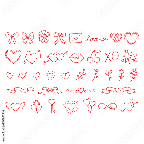 Cute Hand Drawn Valentine's Day & Wedding Coquette Element Set with Whimsical Bows, Ribbons and Hearts – Vintage Line Art Vector