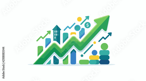Stylized graph with rising green arrow and financial elements