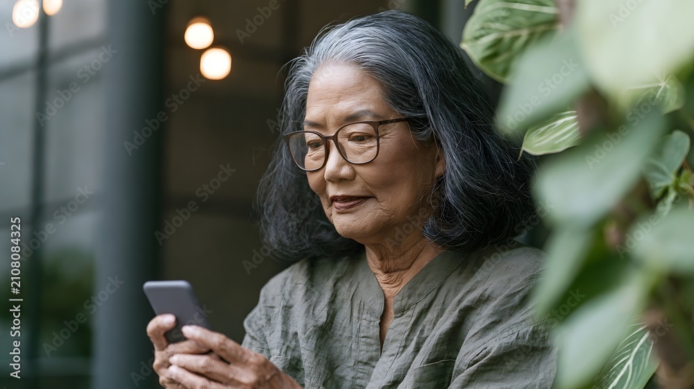 Fototapeta premium An older woman with glasses looks at her smartphone while seated near greenery indoors with soft lighting