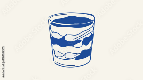 Vector Illustration of a Layered Tiramisu Dessert in a Glass, Hand-Drawn Style with Blue and White Layers, Minimalist Graphic Design on a Light Background