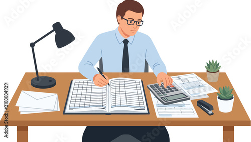 Male accountant calculating financial data with ledger book at desk flat vector illustration