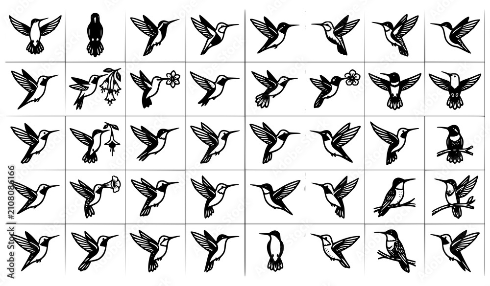 Fototapeta premium 30 Black and White Hummingbird Outline Vector Collection Isolated on White Background